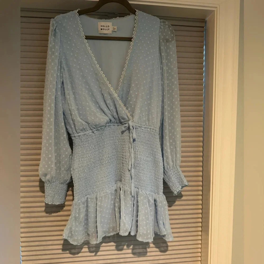 Hello Molly light blue Swiss dot mini dress with long sleeves elastic waist